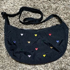 BAGGU Embroidered Small Nylon Crescent Bag in Embriodered Hearts